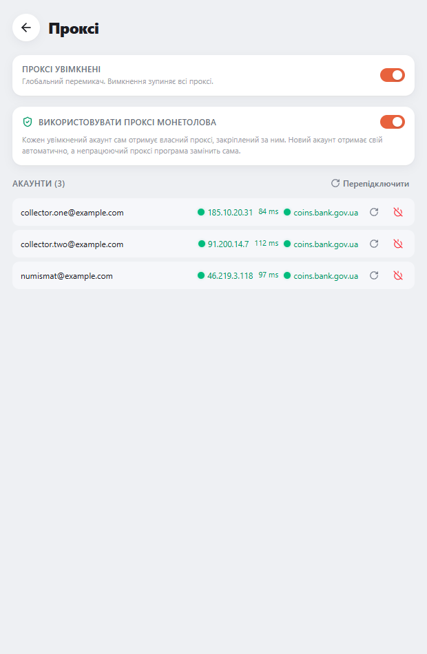 Проксі для кожного акаунта з IP і пінгом